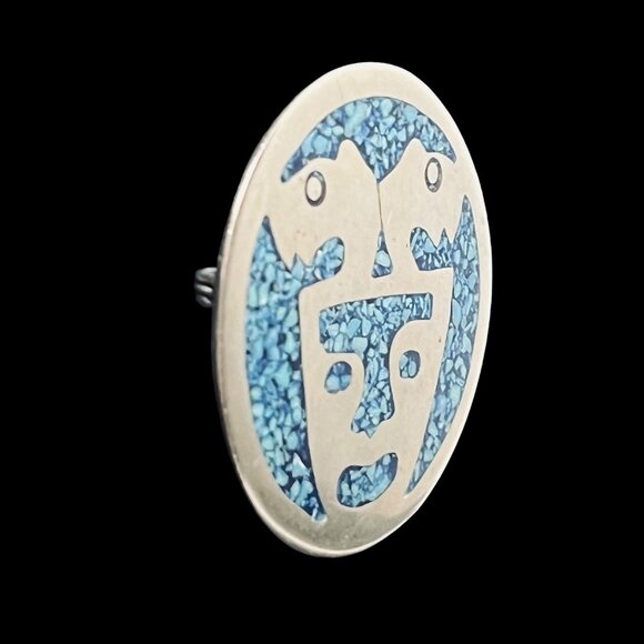 Alpaca Silver With Turquois Chip Inlay Aztec Pendant/Brooch Signed Alpaca (5191) - Picture 4 of 7